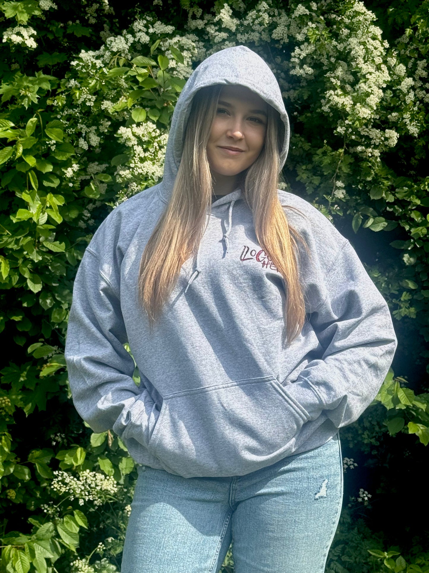 Grey Hoodie Burgundy Logo